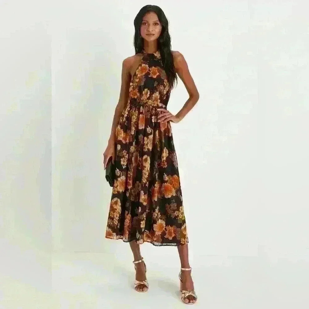 Lulu's Black Floral Midi Dress with Gold & Rust Blooms - Picture 6 of 9